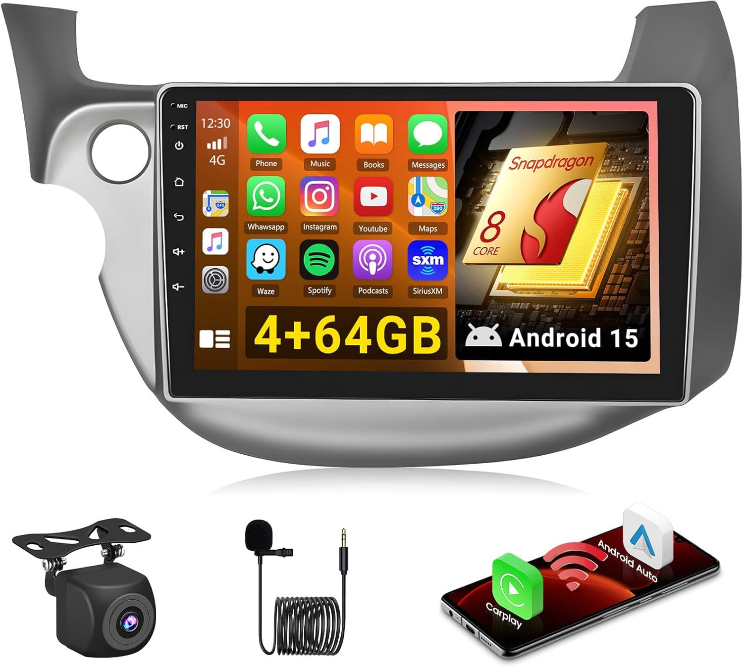 Qualcomm 8 Core Android 15 Car Stereo for Honda Fit 2008-2013-4+64G-10.1" QLED Touch Screen Car Radio with DSP Hi-Res Bluetooth 5.1,Double Din Radio CarPlay Android Auto GPS WiFi FM/RDS Cam