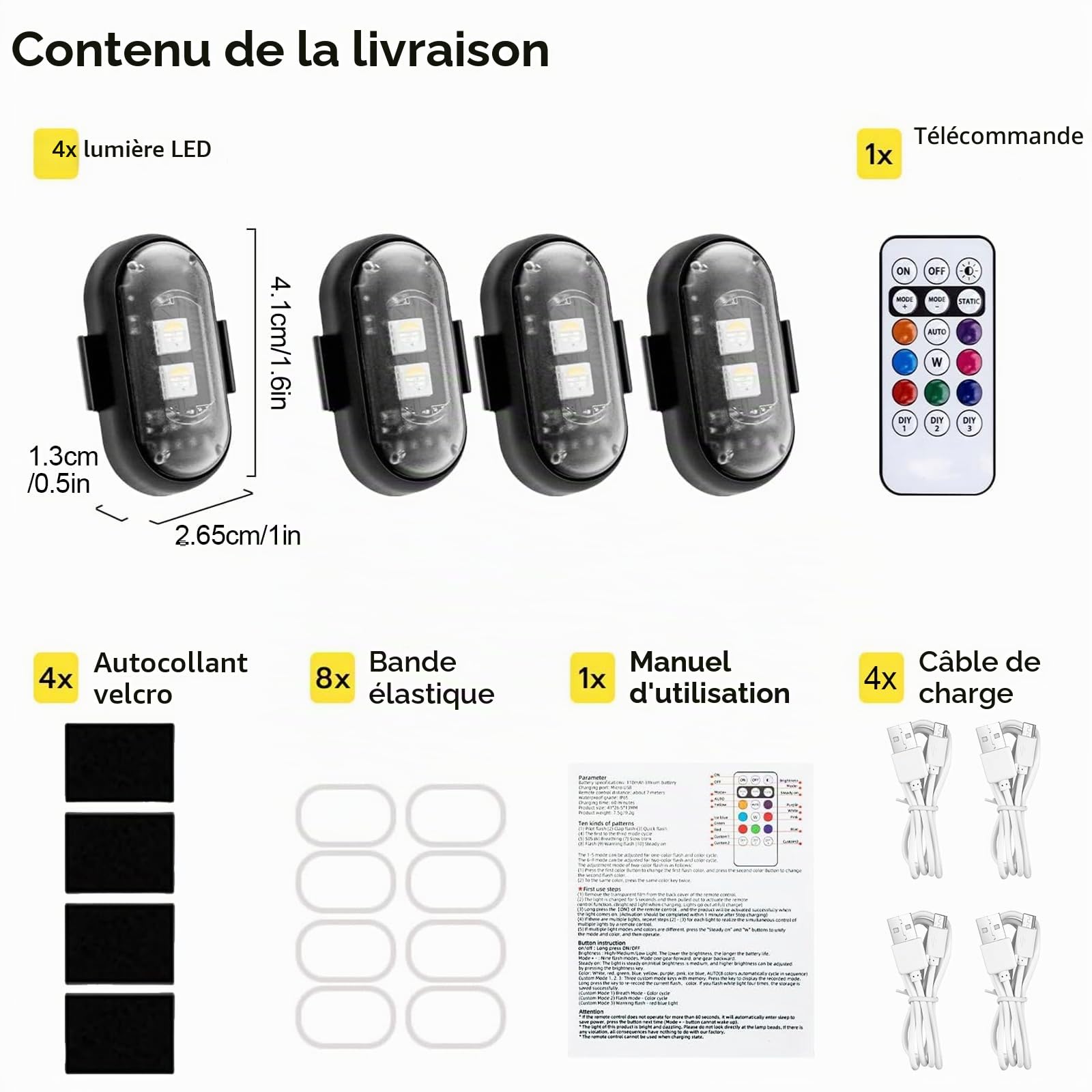 LED Voiture Exterieur sans Fil, Hulaiyaa 4 Pcs Lumières Stroboscopiques Télécommandées, Lampe Voiture Intérieur USB, Lumières sans Fil Étanches Anti-Collision, LED Drone Flash