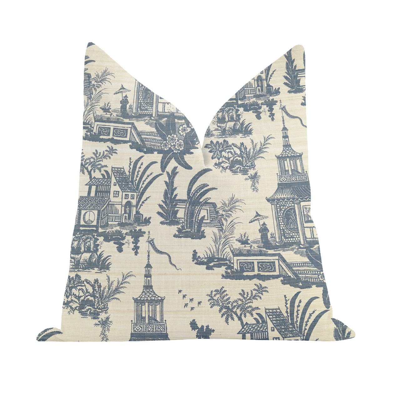 Decorative Chinese Style, Oriental, Pillow Cover in Ivory and Blue for Home Decor/Design, Throw Pillow Case/Cover, Indoor Outdoor, Farmhouse, Accent, Pattern, 21.65”L x 21.65”W, Polyester Linen