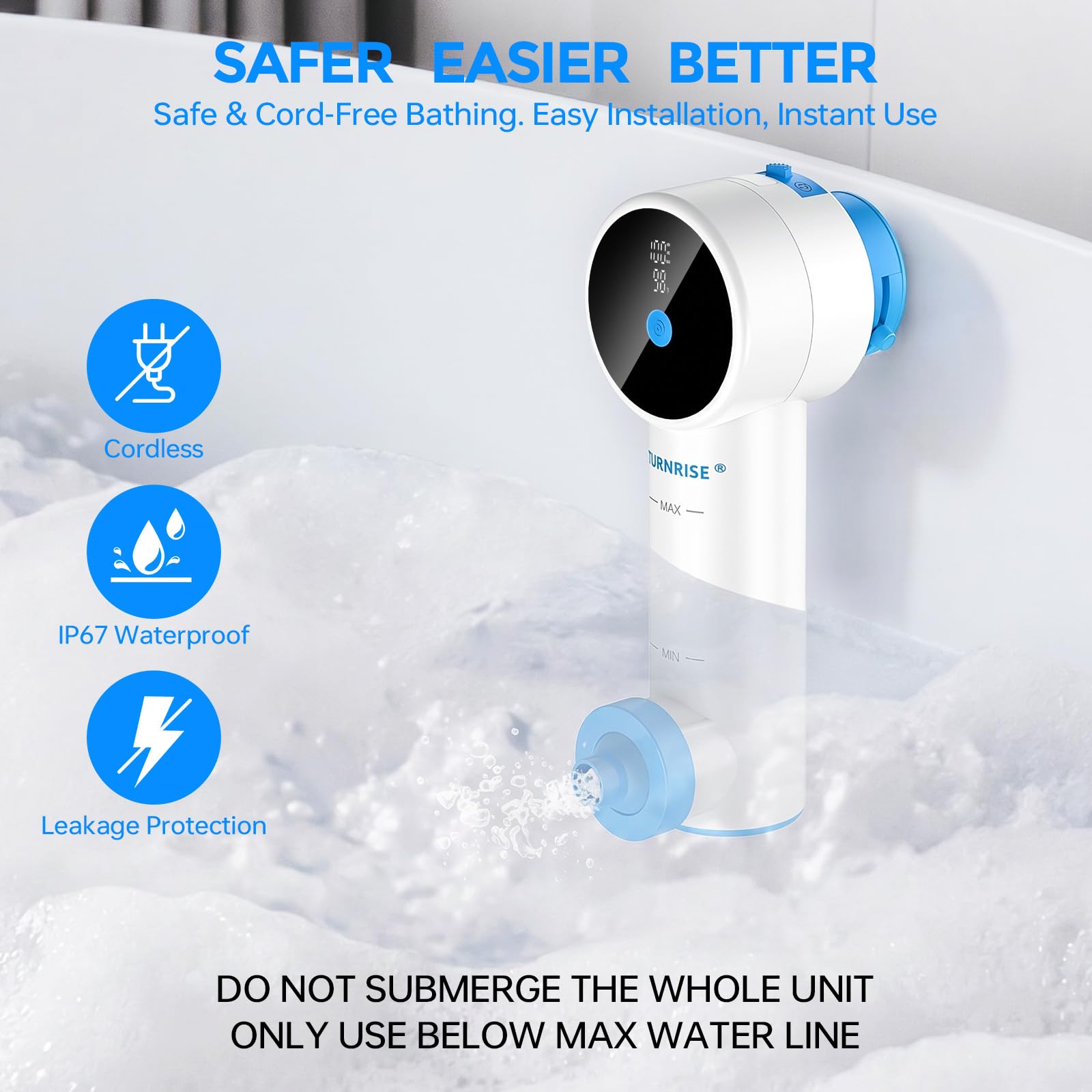 Bath Jet Spa – Spa doméstico inalámbrico para la bañera con 3 niveles de intensidad de masaje, masaje por chorros y modo de burbujas; incluye pantalla inteligente y soporte de ventosa