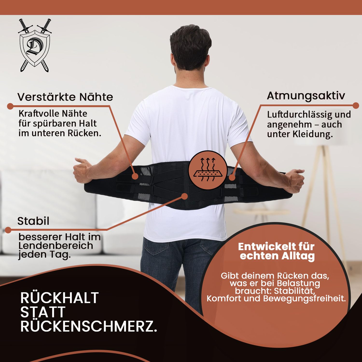 DONNER KRAFT Rückenstützgürtel Testsieger für Herren und Damen – Rückengurt Rückenschmerzen zur Unterstützung der Lendenwirbelsäule und Stabilisierung im Alltag + Ebook Leitfaden (L)