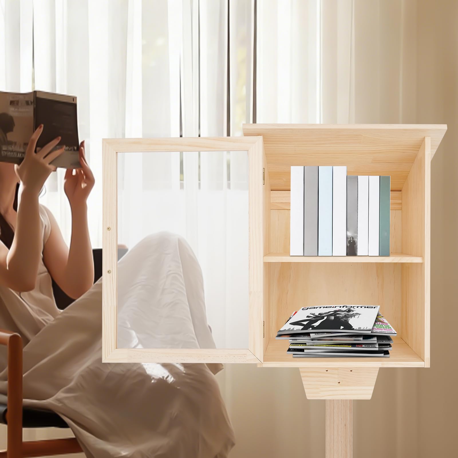 Estantería de madera de 2 niveles para libros al aire libre, armario de almacenamiento, almacenamiento de libros, ventana transparente, para salones, bibliotecas, escuelas y jardines