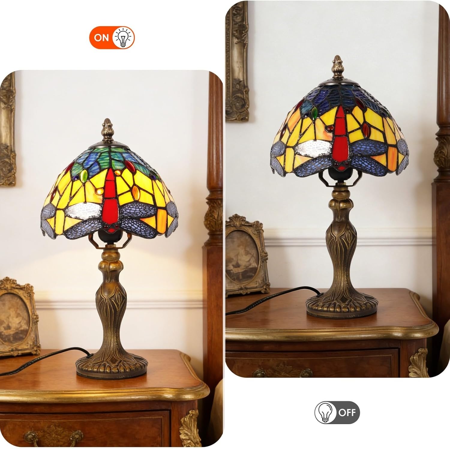 7.9 Inch Vintage Stained Glass Lamp, Dragonfly Design, Handmade Desk Bedside Night Light, Art Craft Decorative Lamp, for Living Room Bedroom Study Home Decoration