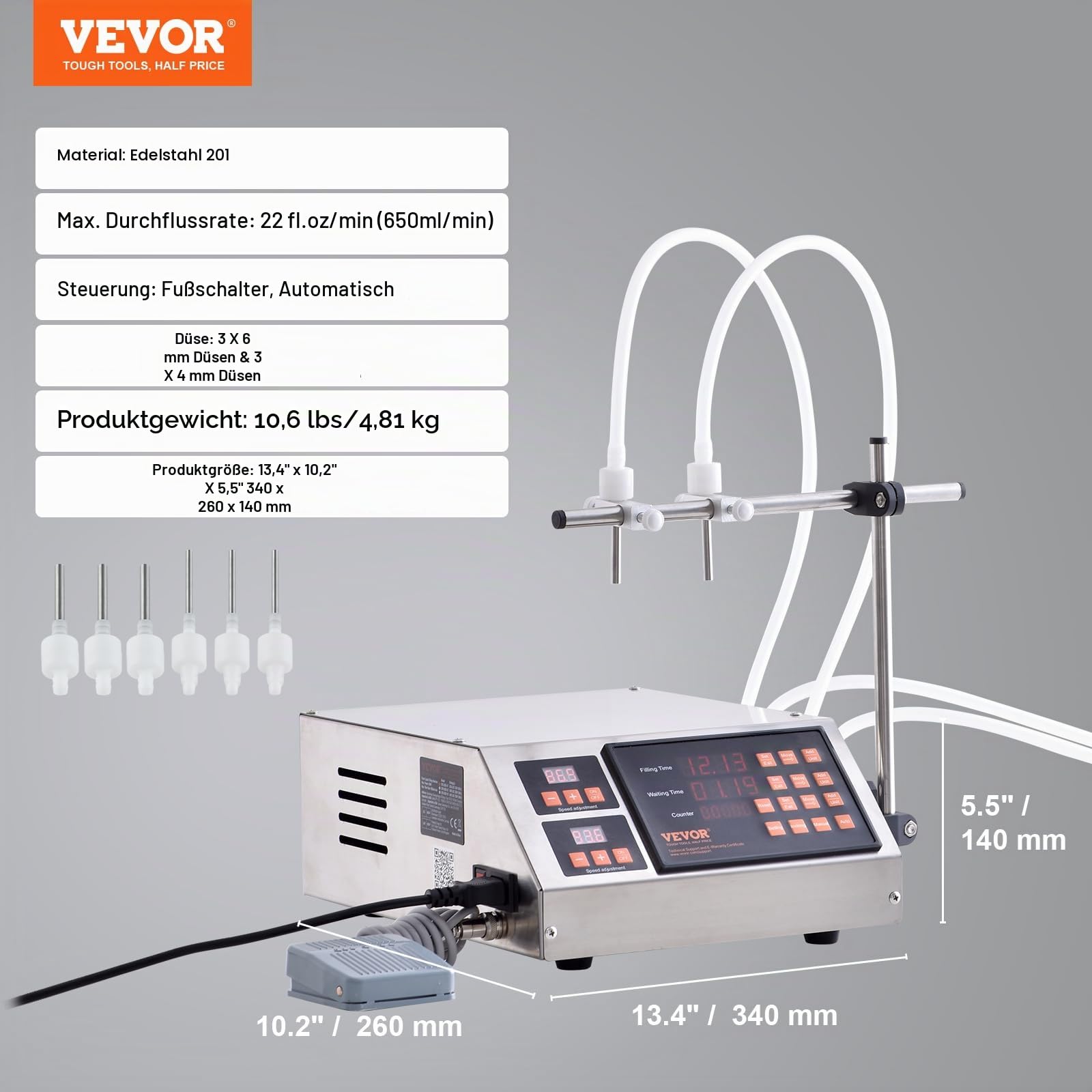 VEVOR Abfüllmaschine Automatisch/Pedalschalter Flüssigkeitsabfüllmaschine 650 ml/min Flaschenabfüllmaschine 340 x 260 x 140 mm Pastenfüllmaschine Edelstahl 201 Füllmaschine Digital Wein Milch usw.
