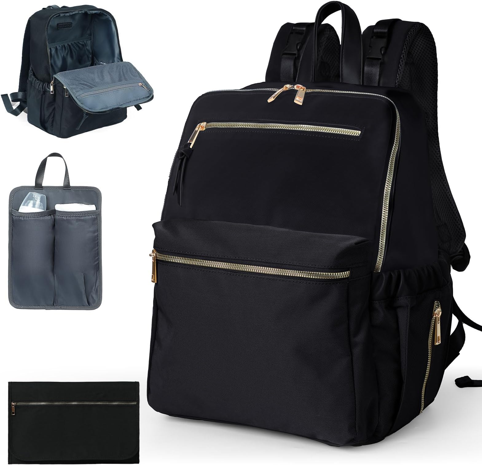 Diaper Bag Backpack, Nylon Baby Bag with 19 Pockets, Large Baby Diaper Bag for Boys Girls,Diaper Bag Insert,Changing Pad,Insulated Pockets,Stroller Straps,Black