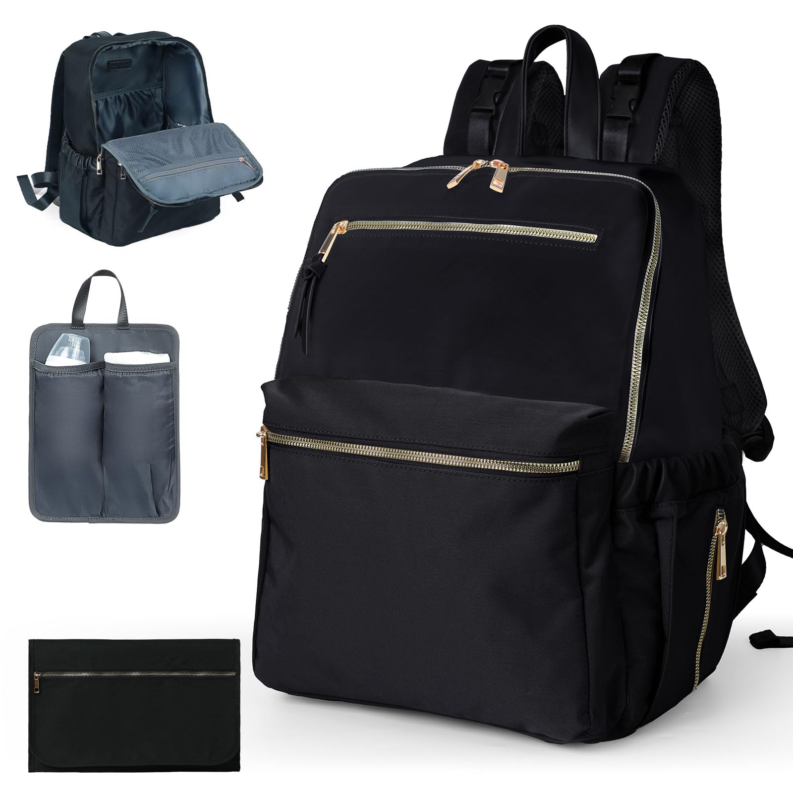 Diaper Bag Backpack, Nylon Baby Bag with 19 Pockets, Large Baby Diaper Bag for Boys Girls,Diaper Bag Insert,Changing Pad,Insulated Pockets,Stroller Straps,Black