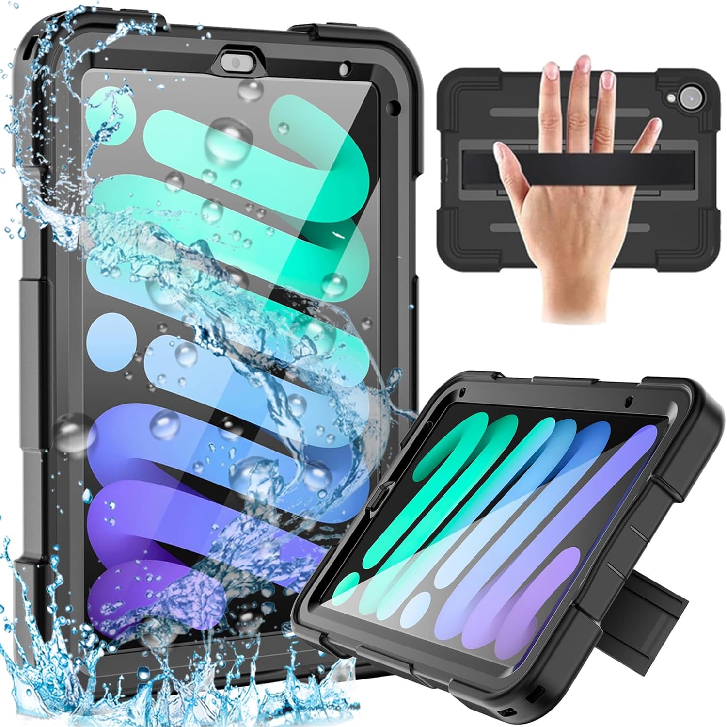 Waterproof Case for iPad mini 7 (A17 Pro) 2024/ Mini 6 8.3'', Full-Body Heavy Duty Shockproof Protective Cover with Screen Protector &Hand Strap/Stand