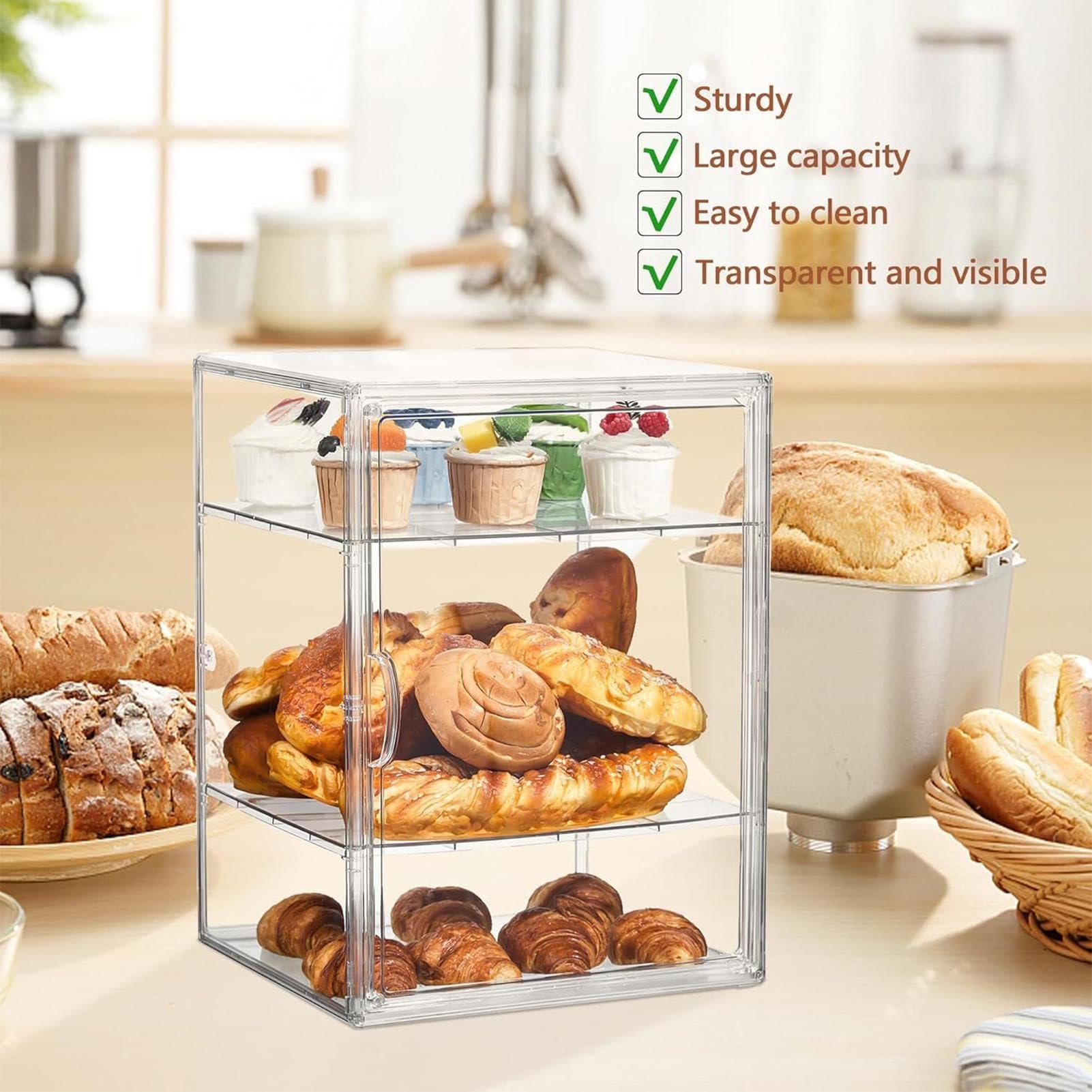 Luftdichte Acryl-Gebäckbox – 4-stöckiger C-Brotnizer, Lebensmittel-Präsentationsbehälter für Kekse, Bals und Sandwiches, ideal für Küche, Café und Arbeitsfläche