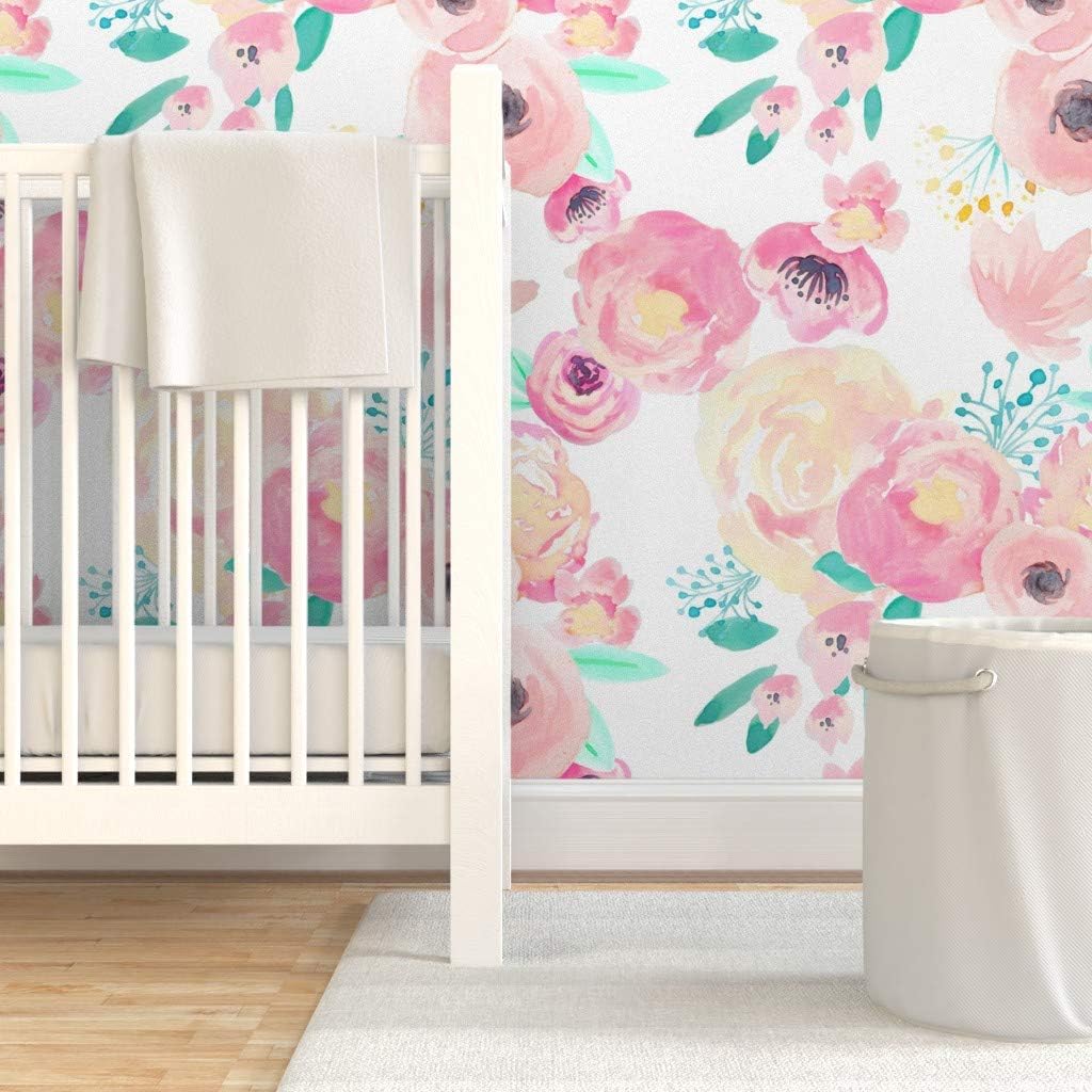 Peel & Stick Wallpaper 9ft x 2ft - Bloom Blush Baby Floral Flowers Rose Blossom Pink Wedding Custom Removable Wallpaper by Spoonflower