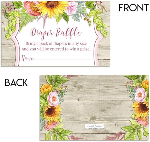 Miniatura 6 de Amanda Creation Boletos para sorteo de pañales florales de girasol, dalia y peonía para baby showers, 20 insertos de doble cara de 2 x 3 pulgadas,