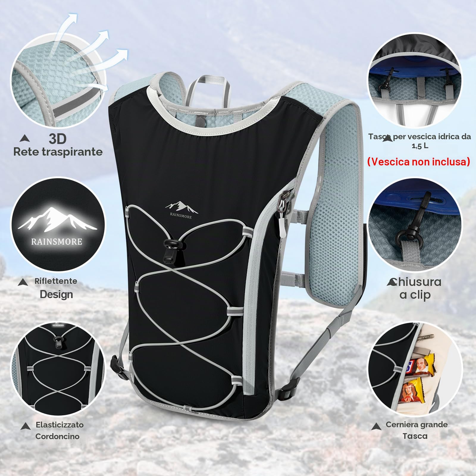 Zaino Trail Running per Uomo e Donna con Borraccie Morbide 500ml,5L Zaino Idratazione Gilet Running Zaino da Corsa per Maratona Jogging Ciclismo Escursione