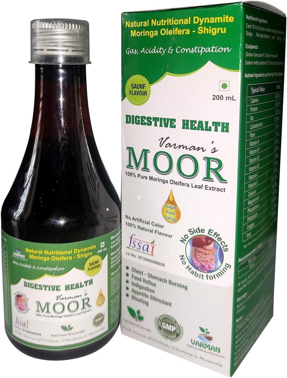 Varman's Moor Digestive(Gas,Acidity&Constipation)Health(Saunf Flavor)Nutraceuticals- 200 Ml Sugarfree Moringa Oleifera(Shigru)Syrup.