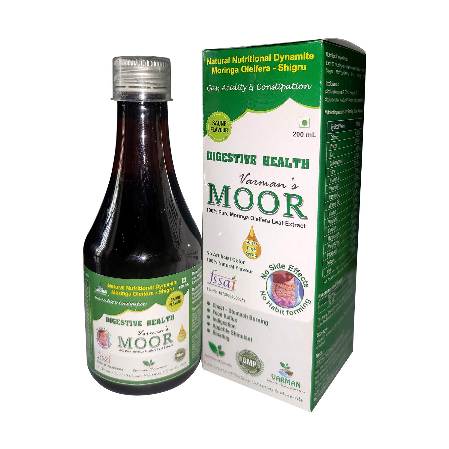 Varman's Moor Digestive(Gas,Acidity&Constipation)Health(Saunf Flavor)Nutraceuticals- 200 Ml Sugarfree Moringa Oleifera(Shigru)Syrup.
