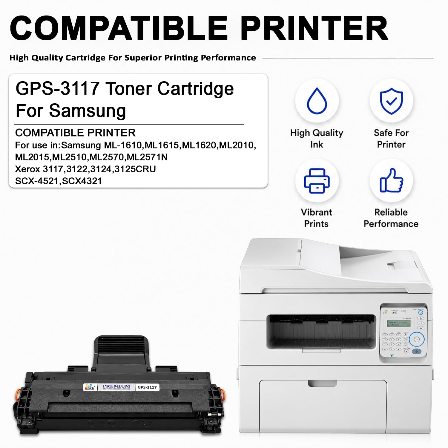 GPS 3117 Toner Cartridge Compatible for Xerox Phaser 3117, 3122, 3124, 3125 & Samsung ML-1610, ML-2010, SCX-4521F | Black | Pack of 1 | Page Yield: 2,000 Pages