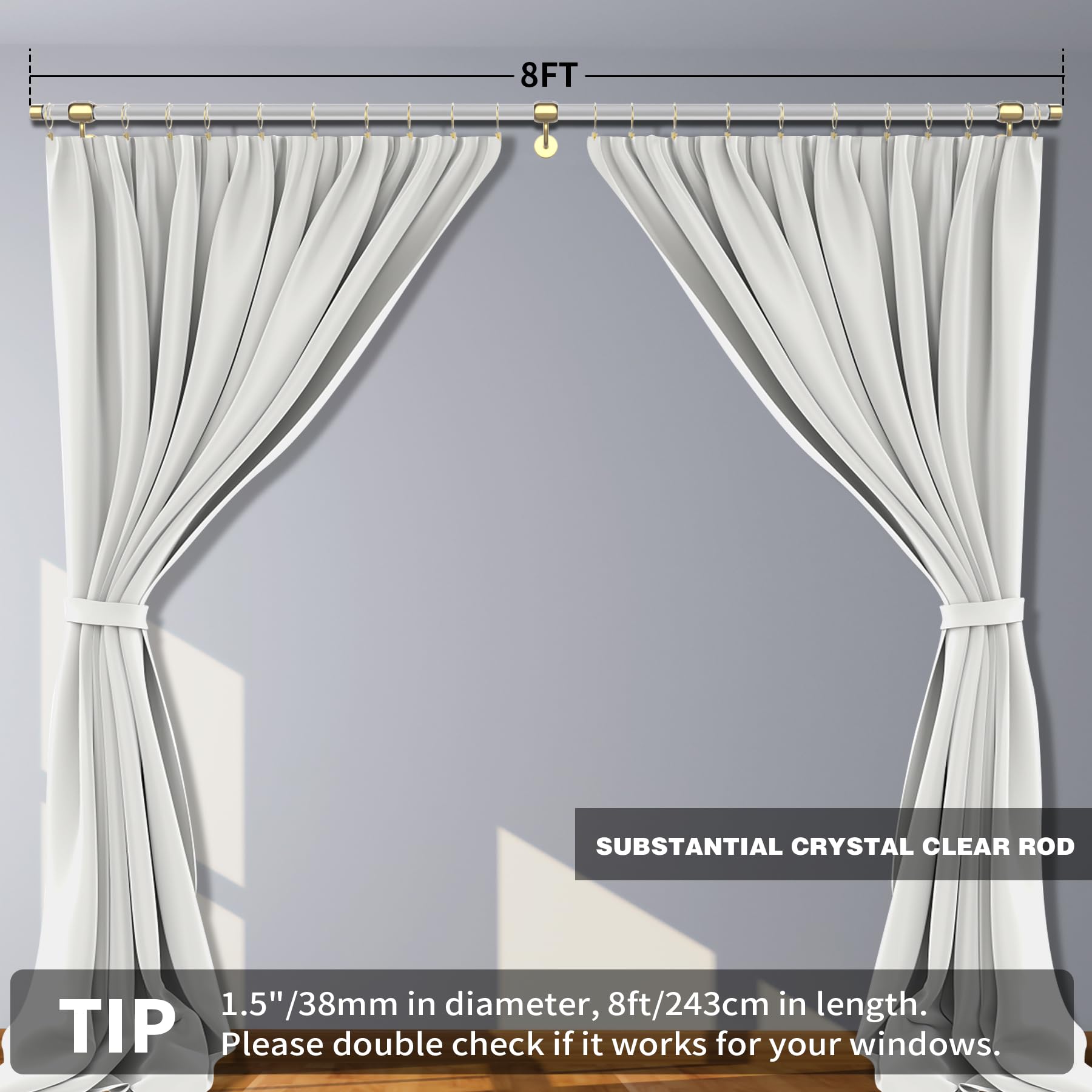Acrylic Curtain Rod 2 Double Curtain Pole 19mm Stainless Steel Duo