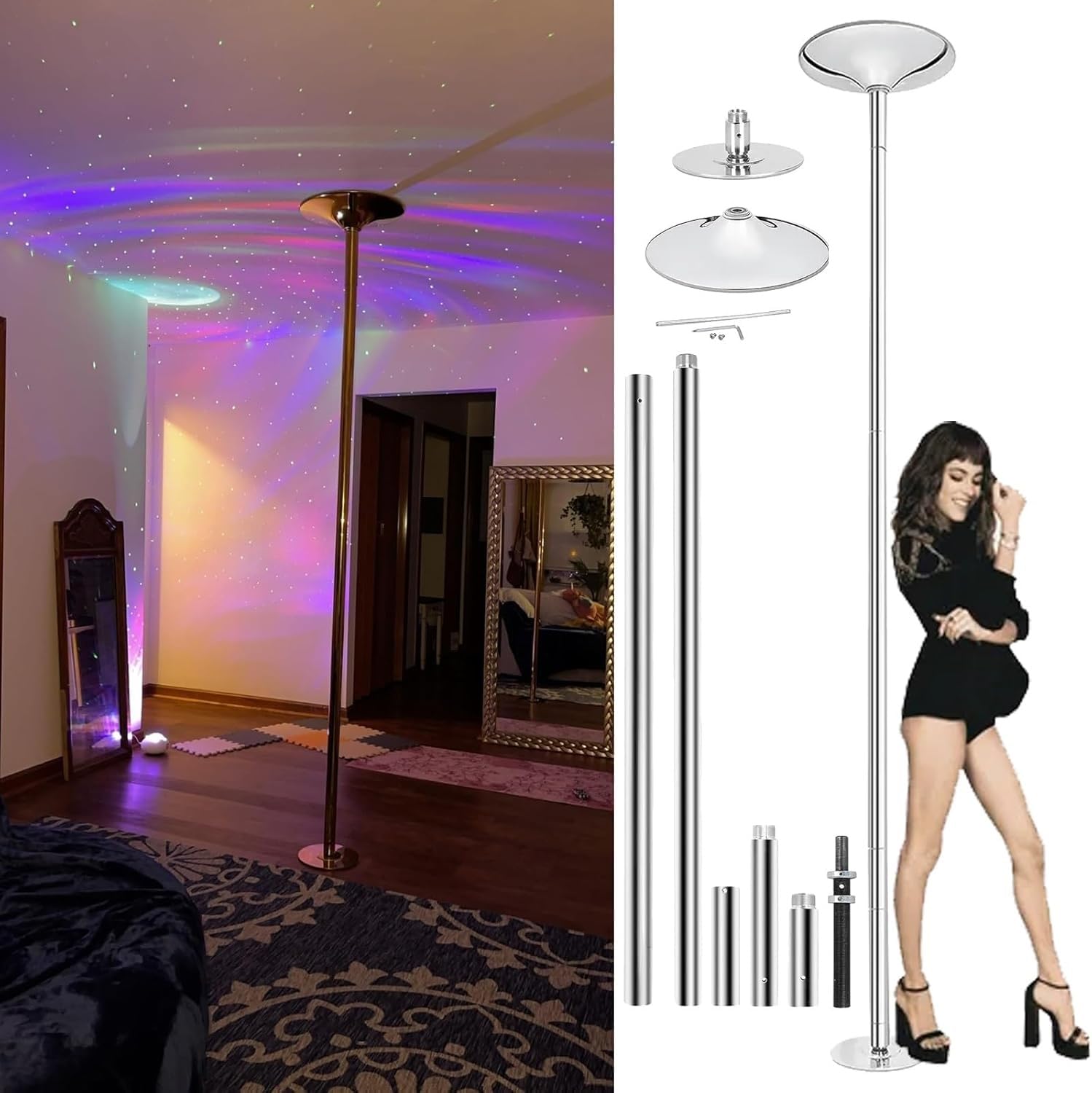 Profi Pole Dance Tanzstange für Häuser mit hoher Decke von 11 Fuß, 10 Fuß, 9 Fuß, 8 Fuß und 7 Fuß, 45 mm Pole-Dance-Stange mit Zubehörsatz(2.9M-3M/9.4ft-9.8ft)