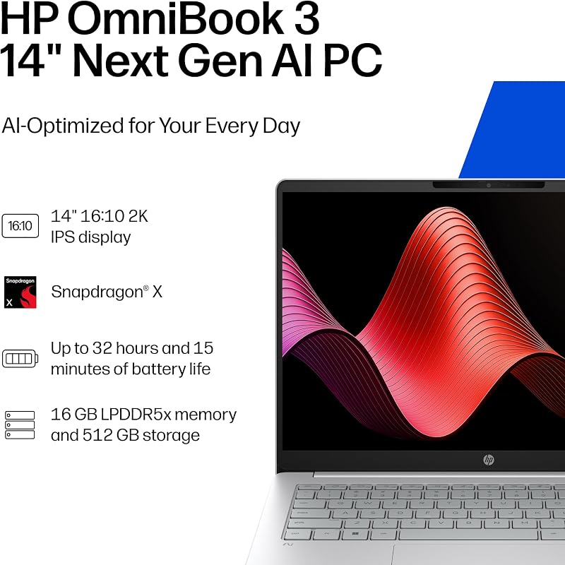 HP OmniBook 3 14 inch Next Gen AI PC, 2K Display, Snapdragon X X1-26-100, 16 GB RAM, 512 GB SSD, Qualcomm Adreno GPU, Windows 11 Home, Glacier Silver, 14-hz0099nr image 2