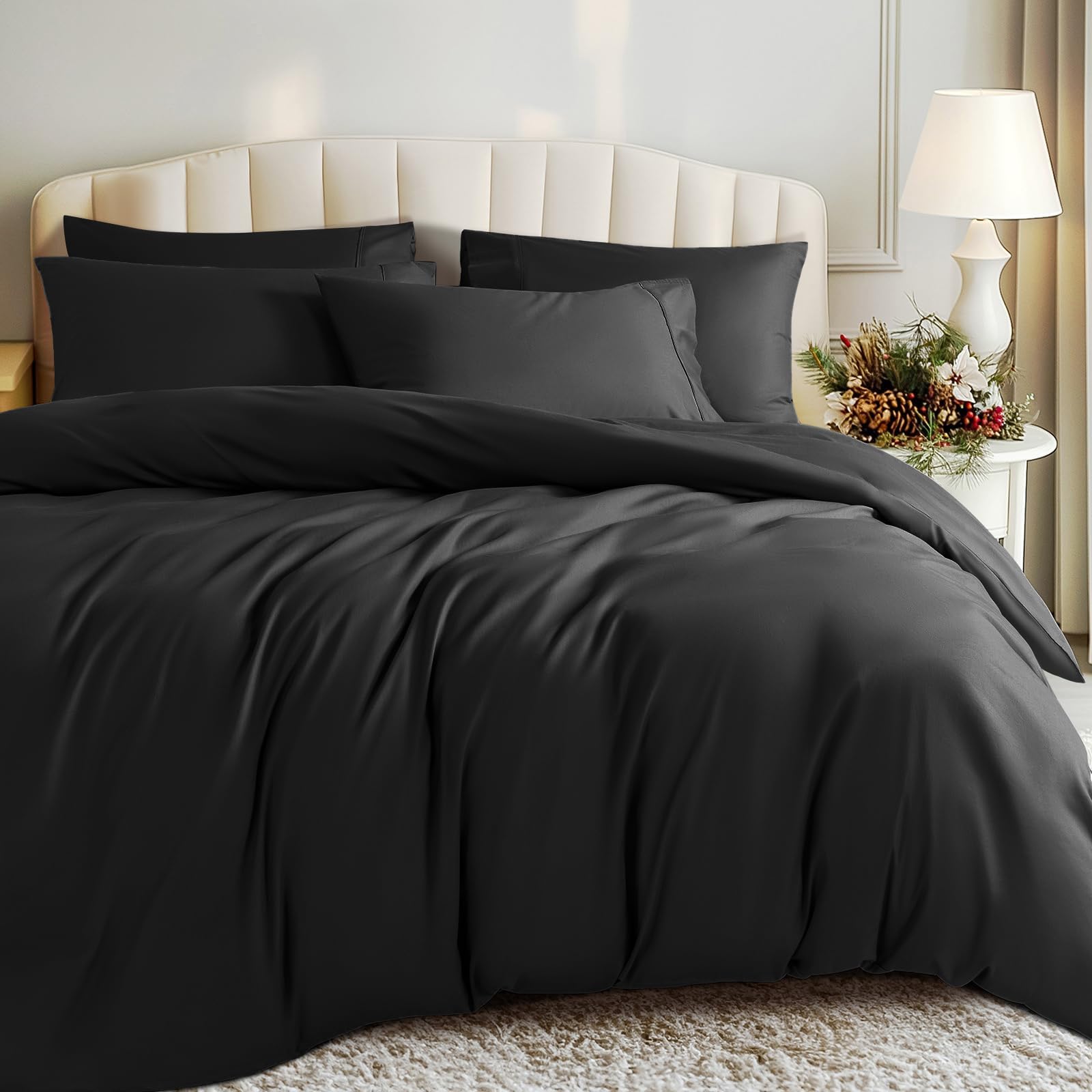 Shilucheng 100% Cotton Duvet Cover King Size - 600 Thread Count, Breathable & Cooling Comforter Cover with Zipper Closure& Corner Ties，Hotel Bedding Duvet Covers 3 Piece (Full, Black