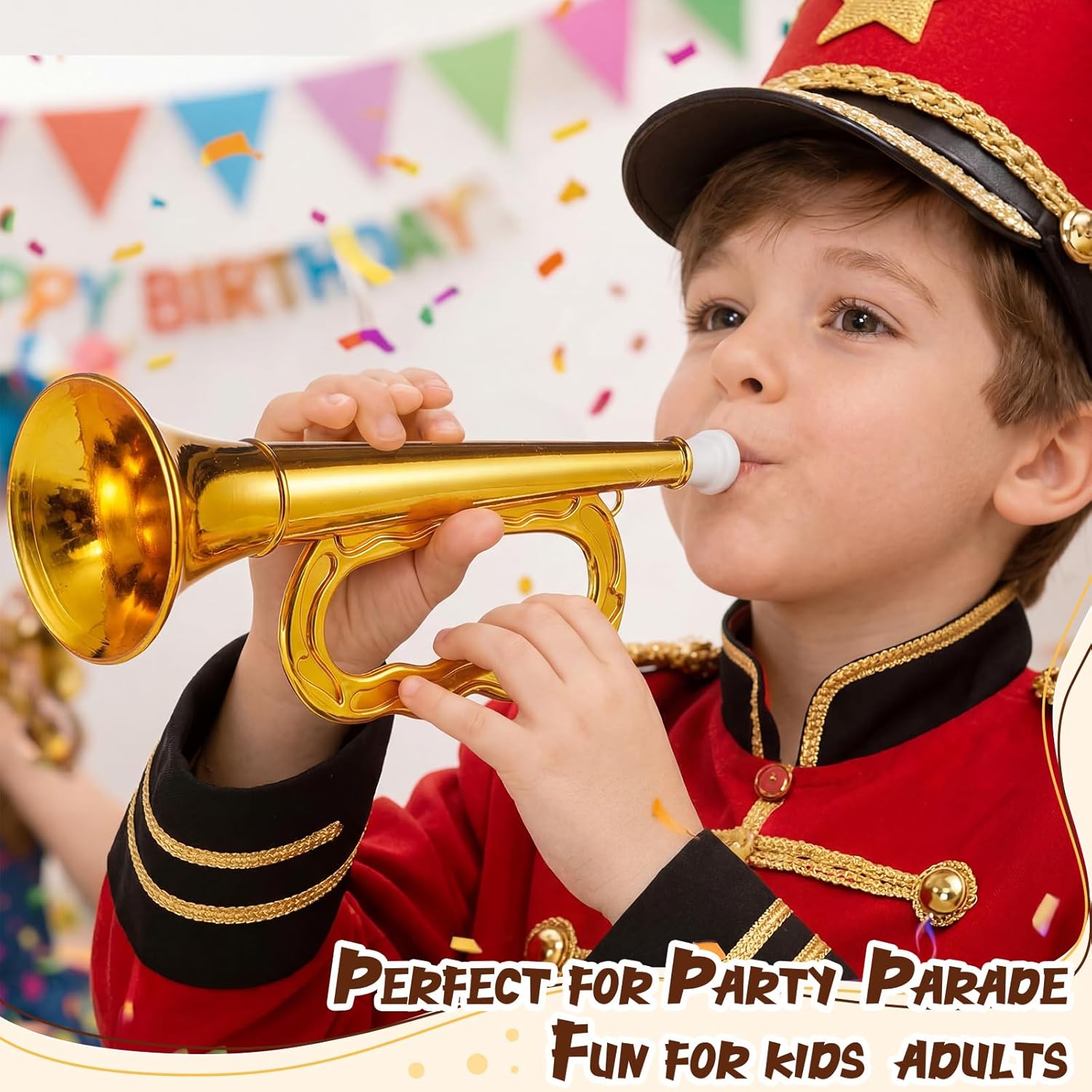Lewtemi Gold Bugle Horn Musical Instruments Toy for Kid Toddler Fake Plastic Preschool Music Toy Gift Portable Wind Instrument Early Educational Teaching Songs Gifts for Toddlers Children