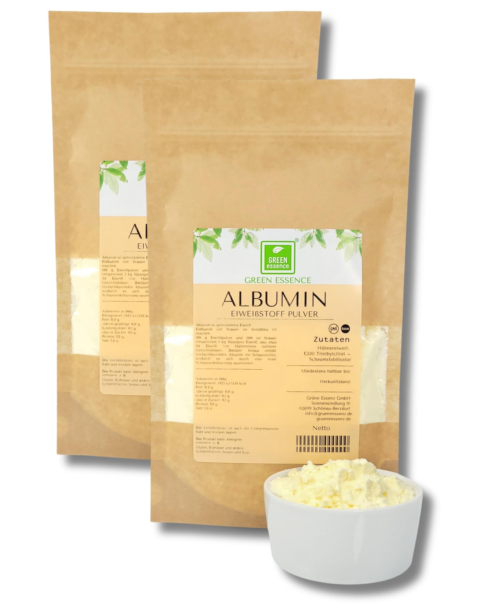 Albumin pulver Eiweißpulver 1000g (2 * 500g) von der Grünen Essenz - Proteinpulver - Albumin getrocknetes und pasteurisiertes Eiweiß - Eiweiss protein Pulver (1000 Gramm)