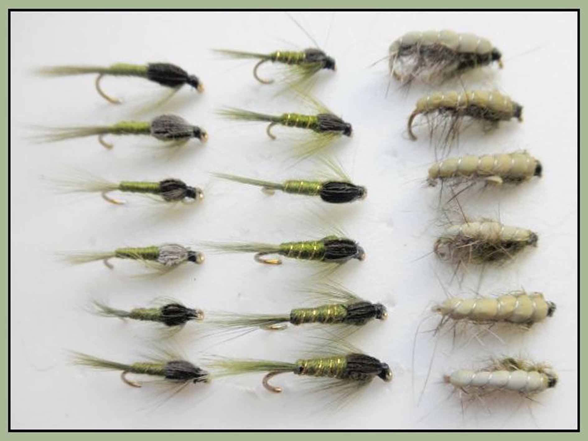 Olive Nymph Fishing Flies, 18 Pack, Olive Damsel, Semtex & Ribbed, Mixed 10/12