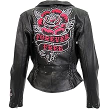 Hot Leathers JKL2001 Women's Black 'Embroidered Bling Rose Design' Braided Motorcycle Leather Jacket-Black-Large