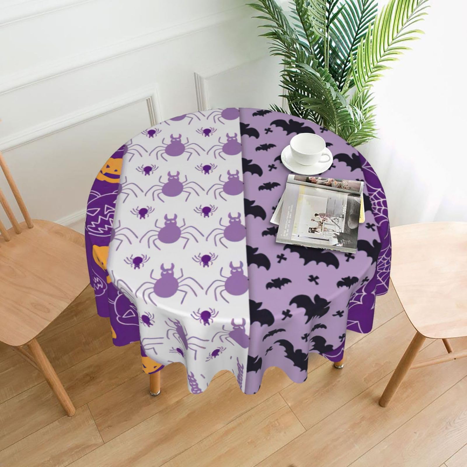 SDEGTHO Happy Halloween Print Modern Retro Round Tablecloth 60in Polyester Fabric Cover for Party Dining Table Washable