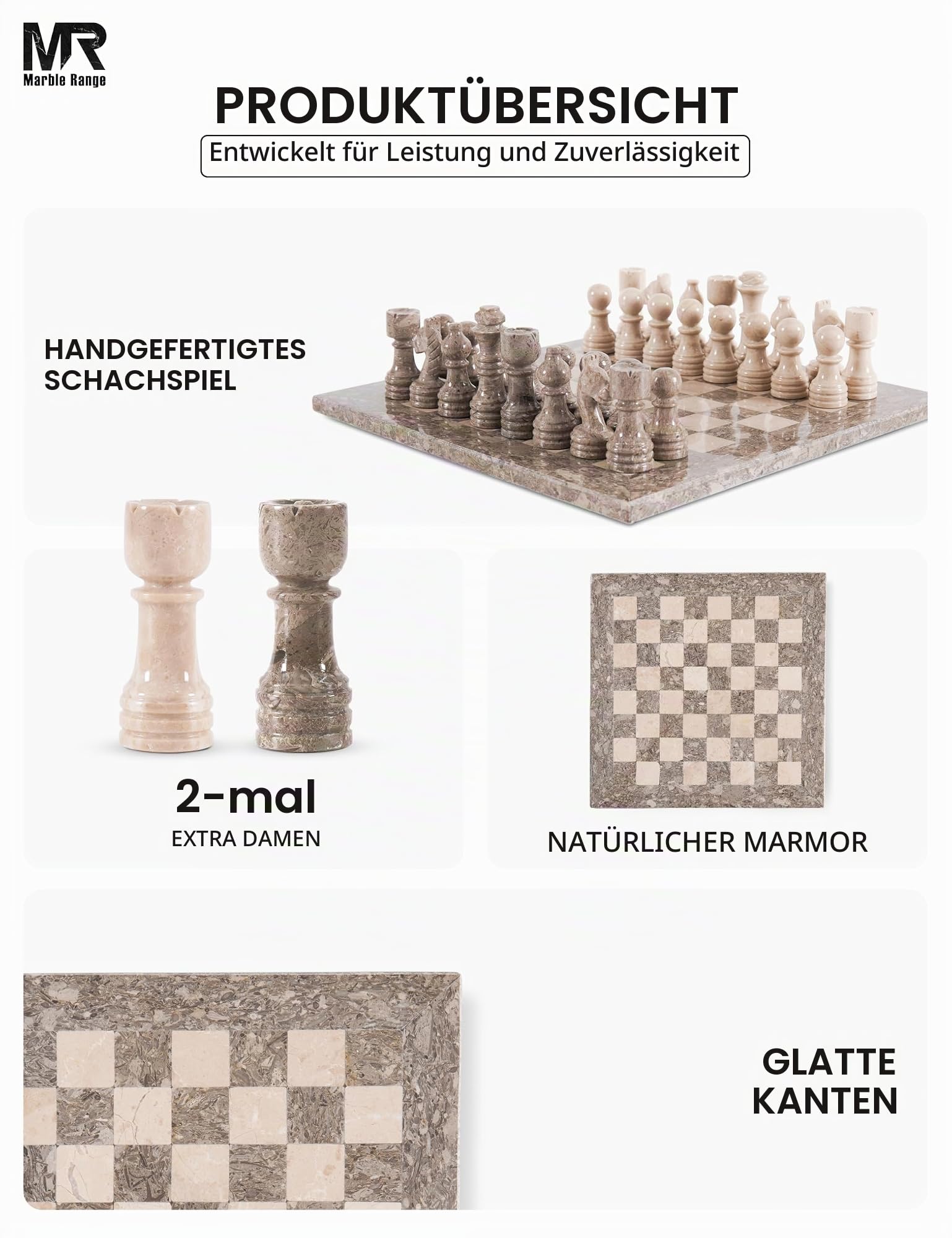 MARBLE RANGE Schachset aus Marmor, 30,5 cm, handgefertigte Modelle von Oceanic und Verona für Erwachsene, Marmor-Brettspiel für die ganze Familie mit Aufbewahrungsbox und 2 zusätzlichen Damen