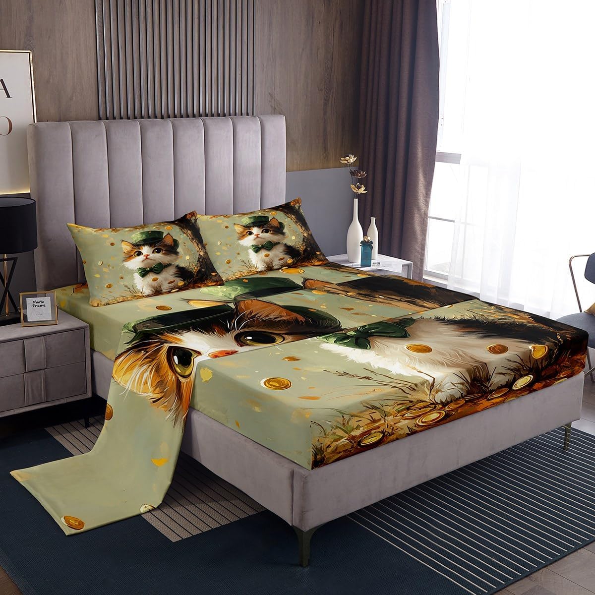 St. Patrick's Day Bed Sheets Twin Size,Green Hat and Tie Cat Bedding Sets 3Pcs for Kids Girls Boys Teens Room Decor,Gold Coin Tree Fitted Sheet Kawaii Pet Animals Top Flat Sheet,1 Pillowcase