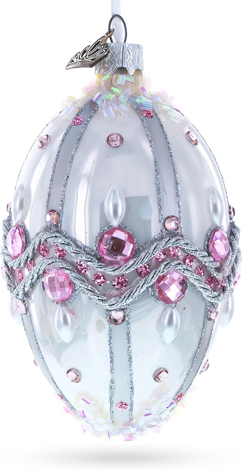 Pink Jewels on Striped Glass Egg Ornament 4 Inches