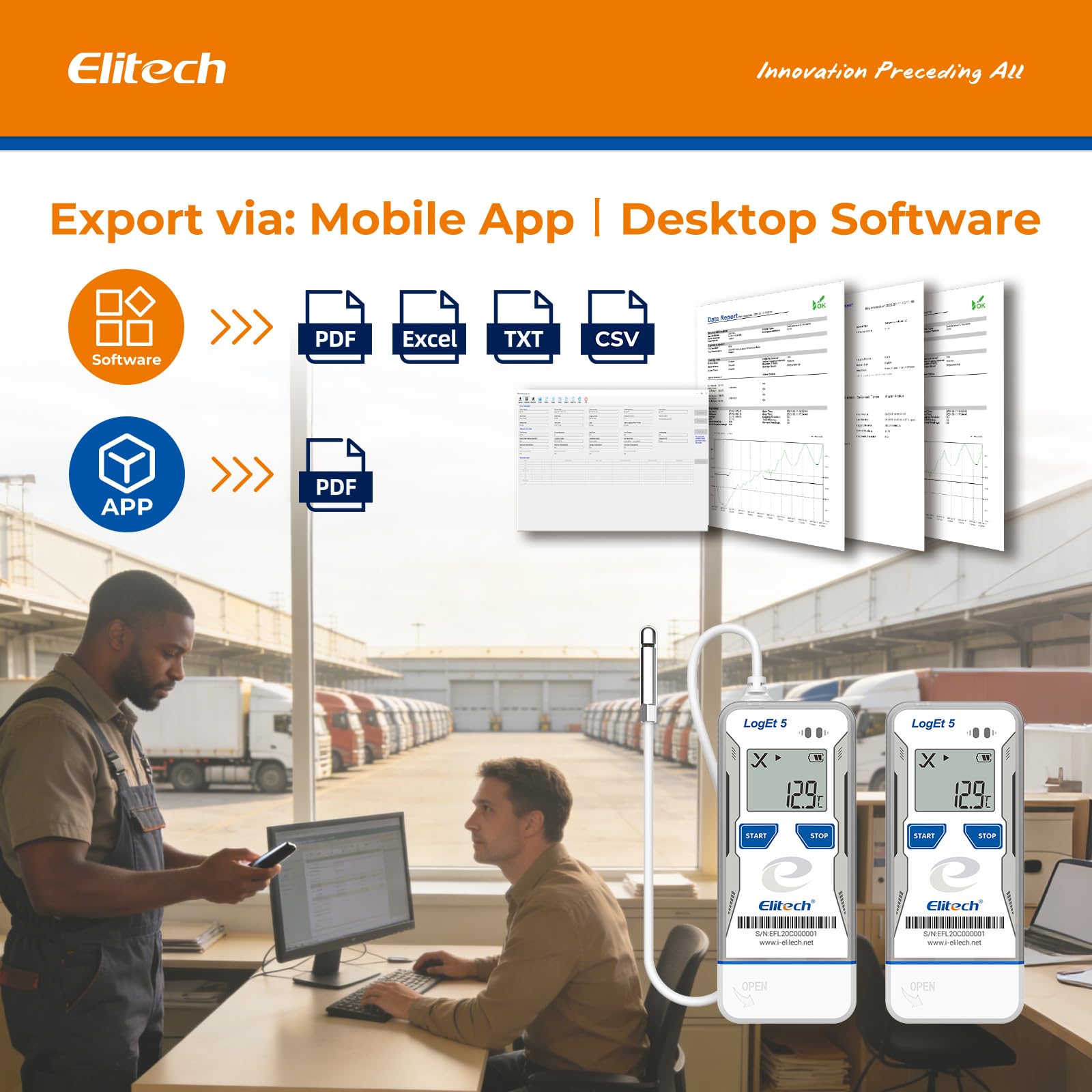 Elitech Bluetooth Temperatur Datenlogger, USB Feuchtigkeitslogger -30°C bis 70°C, Auto-PDF/CSV-Berichte, Windows/macOS