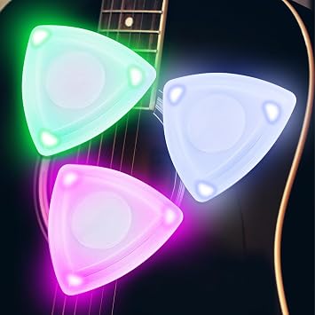 3Pcs Auto LED Glowing Guitar Picks, 0.6mm Cool Dazzling Colourful Light Up Guitar Plectrum for Acoustic Electric & Bass Guitars Accessories, Suitable for Night Playing Green, White, Red