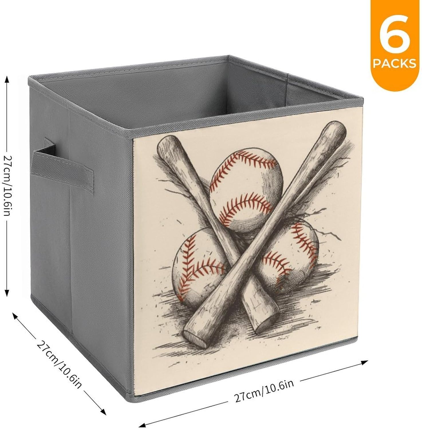 Hand Drawn Baseball Bats And Ball Storage Cubes Set of 6 Storage Bins with Handles Collapsible Storage Basket Fabric Storage Box for Shelves Large Closet Shelf Organizer for Organization 11 Inch