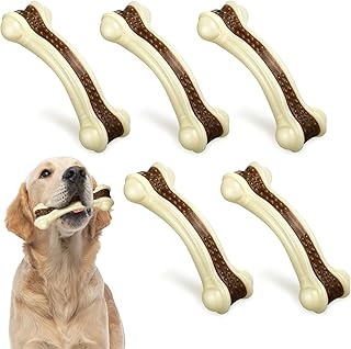 Sosation 5 Pack Dog Chew Toys for Aggressive Chewers Large Breed Beef Flavor Indestructible Dog Teething Chew Toys Bones Durable Nylon Dog Bones Pet Toy for Large Puppies, 6.3 Inch