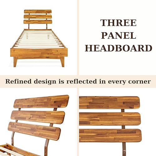 Miniatura 9 de Bme Caden - Base de cama de 15 pulgadas con cabecera ajustable, estilo retro de mediados de siglo, con madera de acacia, no necesita somier, 12