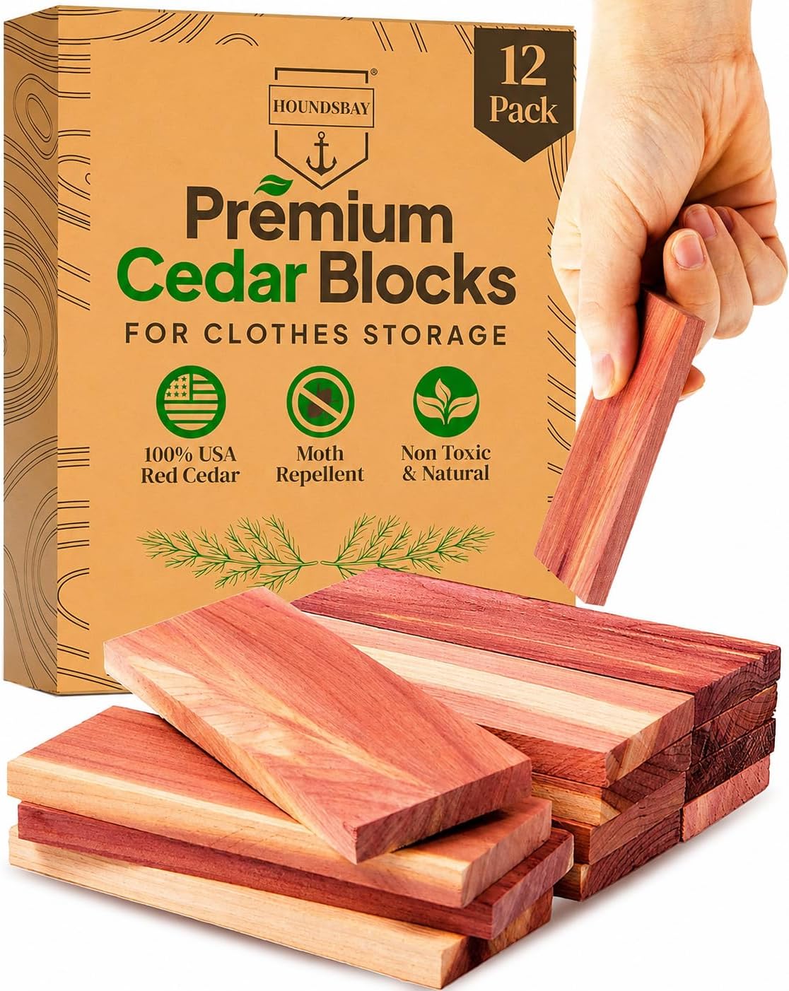 HOUNDSBAY Cedar Blocks for Clothes Storage, 12 PCS Cedar Wood Chip Blocks
