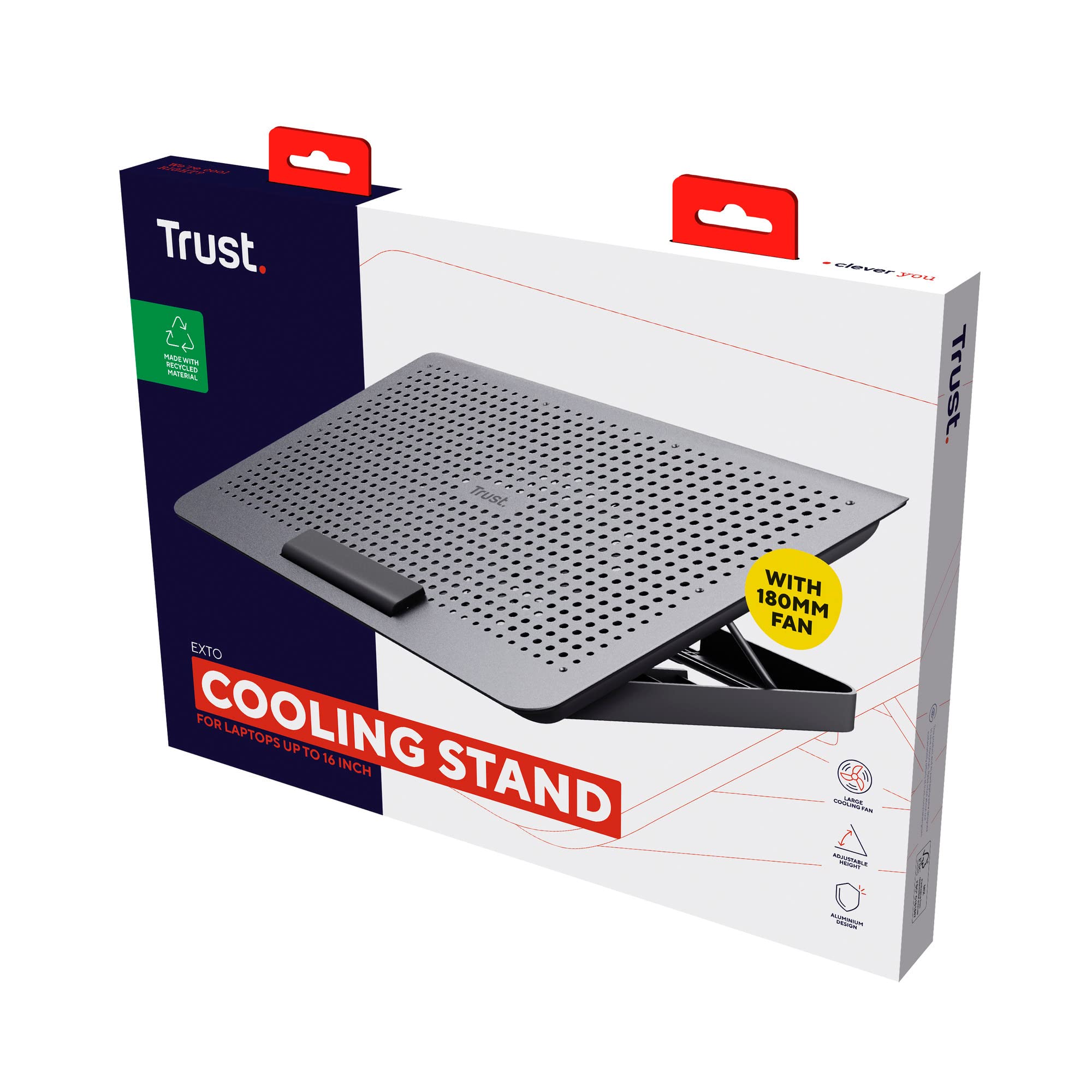 Trust Exto Stojak na laptopa 40.6 cm, zrównoważona podkładka chłodząca, riser z wentylatorem USB i regulowaną wysokością, 8 poziomów, wykonany z materiałów pochodzących z recyklingu, wentylowany