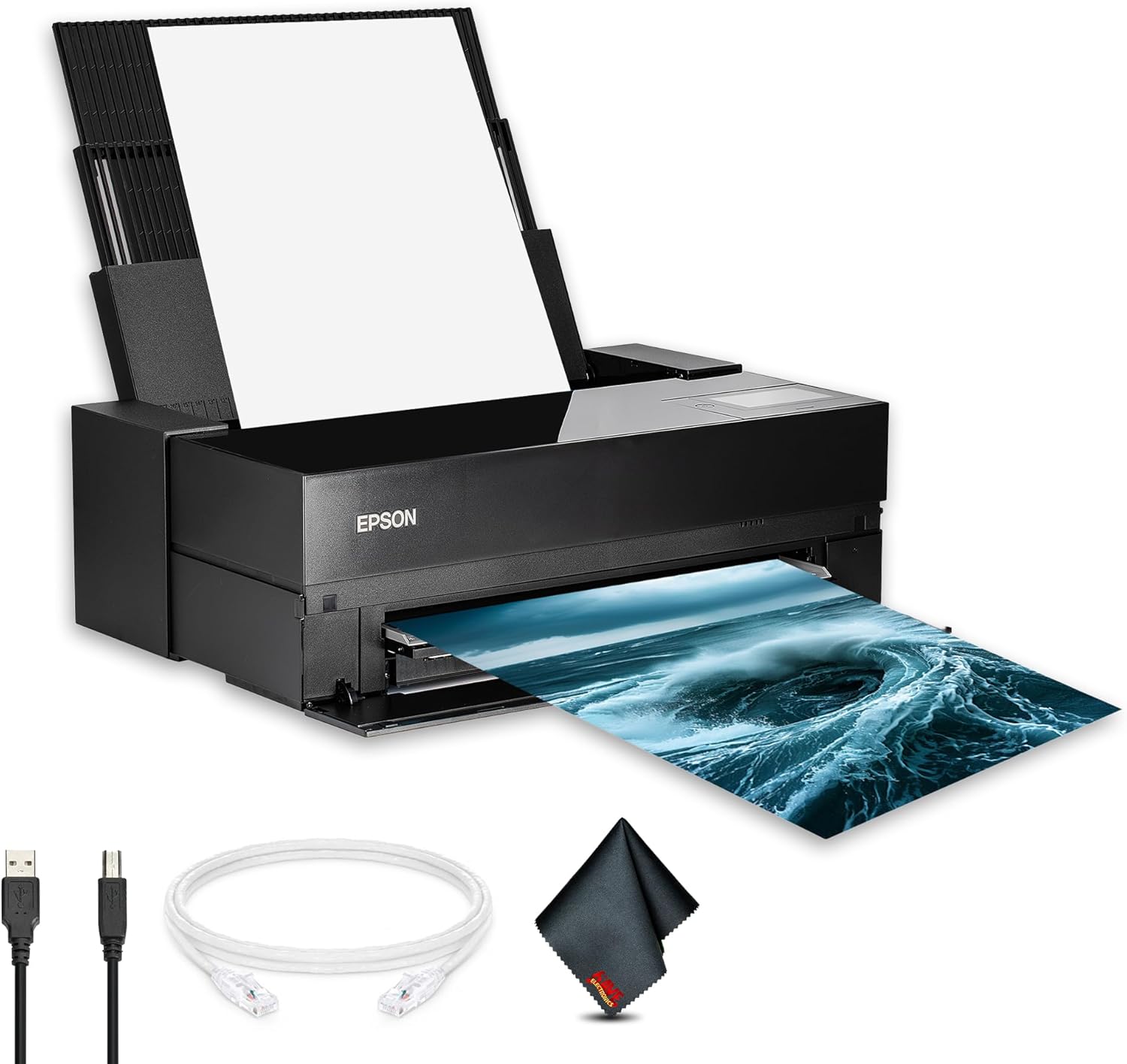 EPSON SureColor P900 17 Inch Photo Printer (C11CH37201) Bundle with Ethernet Cable, USB Cable, Fiber Cloth