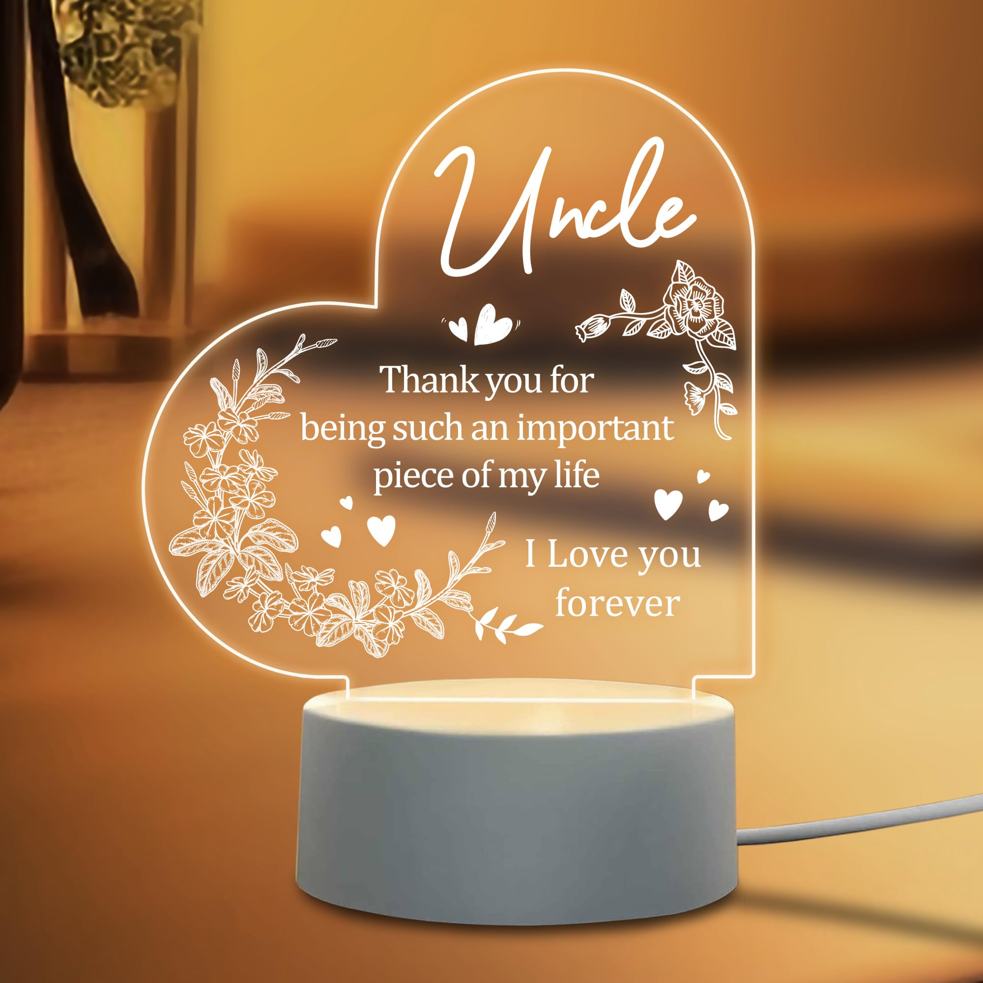 Uncle Birthday Gifts from Niece Nephew - Acrylic Engraved Night Light with Base for Father's Day, Thanksgiving, Birthday, Christmas