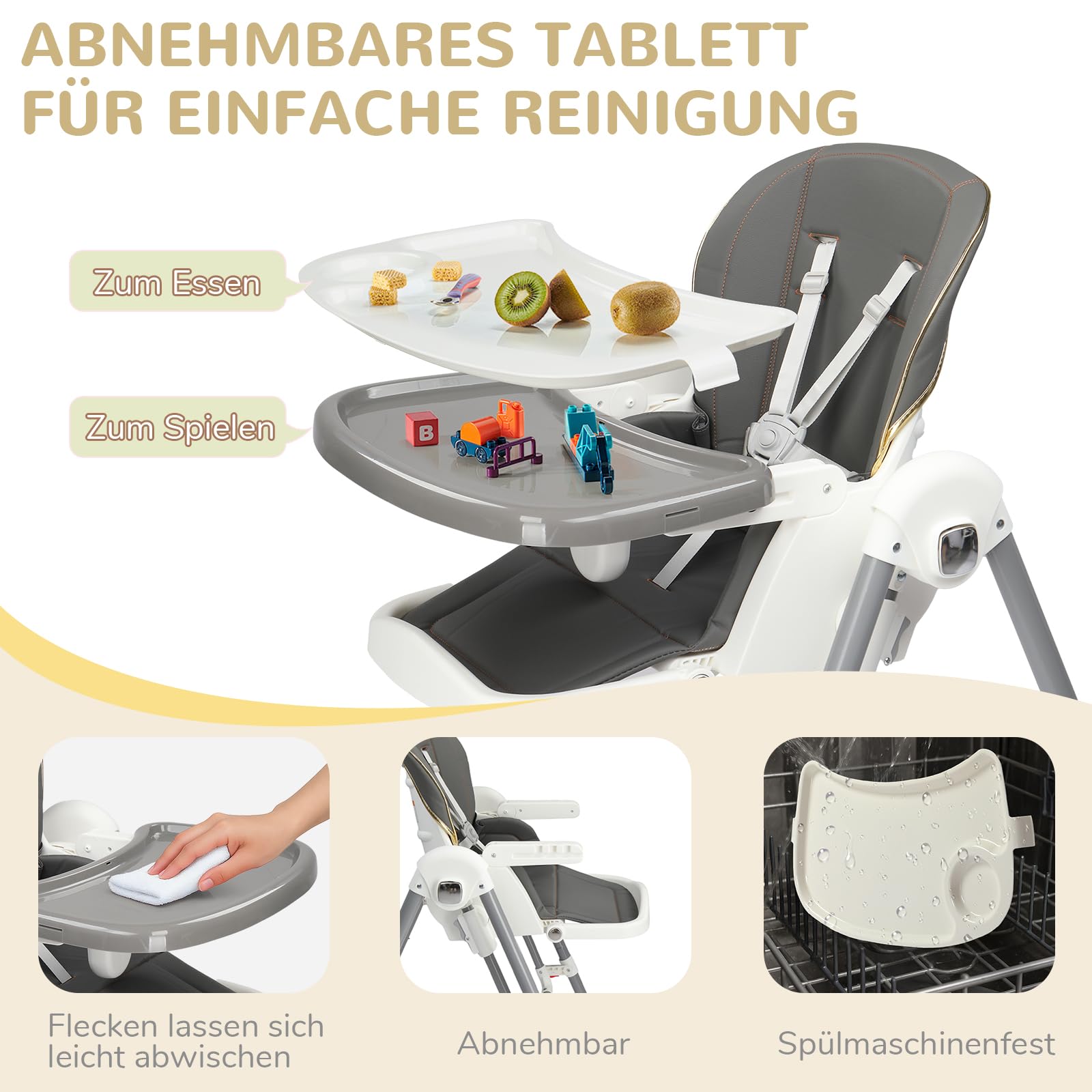 LEADZM Trona para bebé, convertible en cuna, altura regulable en 6 posiciones, bandeja doble extraíble, trona plegable para bebé con ruedas, adecuada para bebés de 6 a 36 meses (gris)