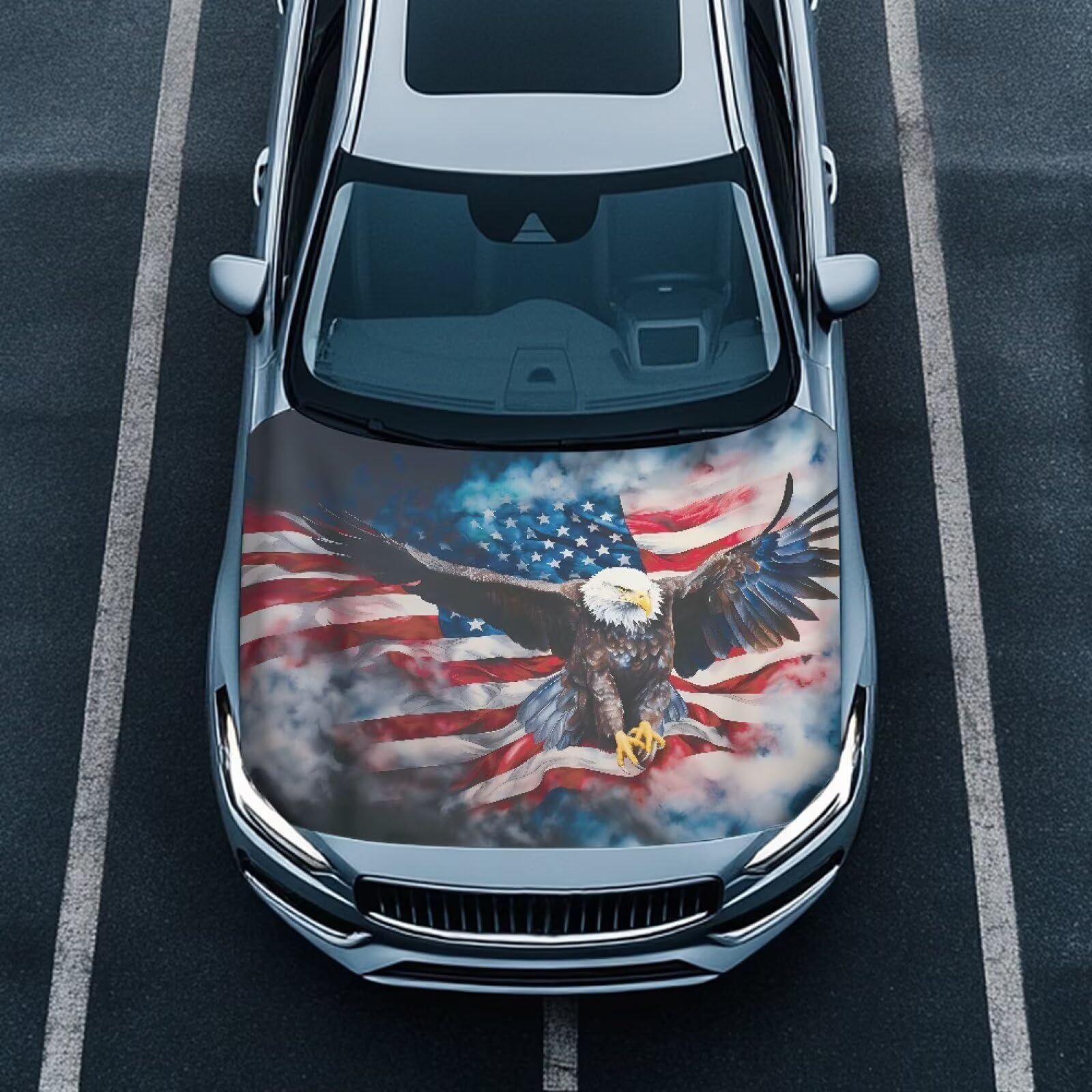 Renewold Stylish American Flag Eagle Print Car Hood Cover Protector Hood Covers for Cars Decorative Wrap Blanket Women Men Automotive Exterior Accessories for Most Sedan Small SUV Truck
