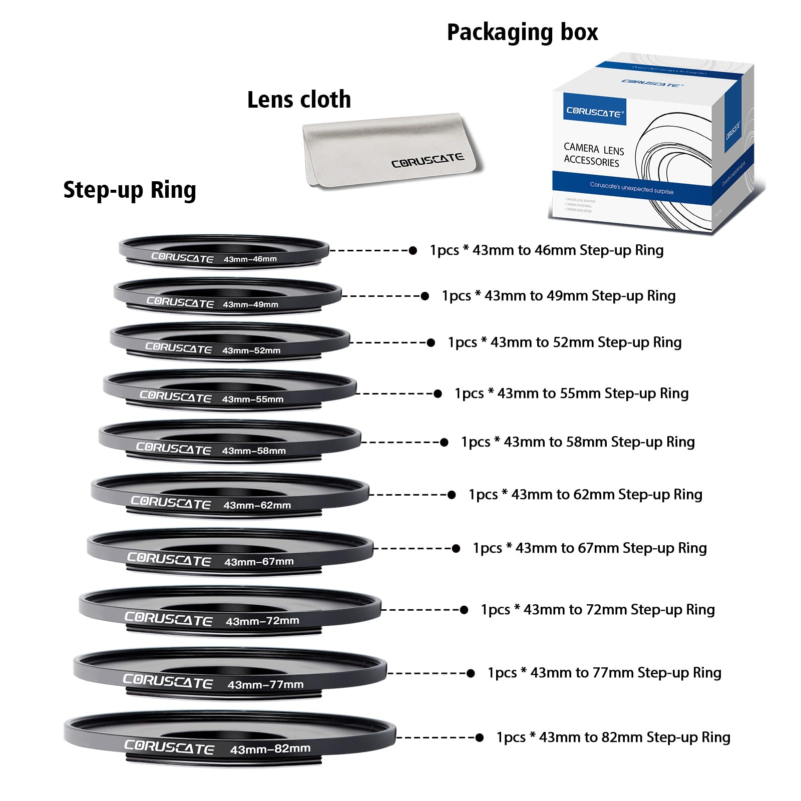 10 Stück 43mm Filterring Adapter-Set,Filter-Metall-Trittringe für alle Marken,UV ND CPL 43-46,43-49,43-52mm,43-55mm,43-58mm,43-62mm,43-67mm,43-72mm,43-77mm,43-82mm+Objektivreinigungstuch