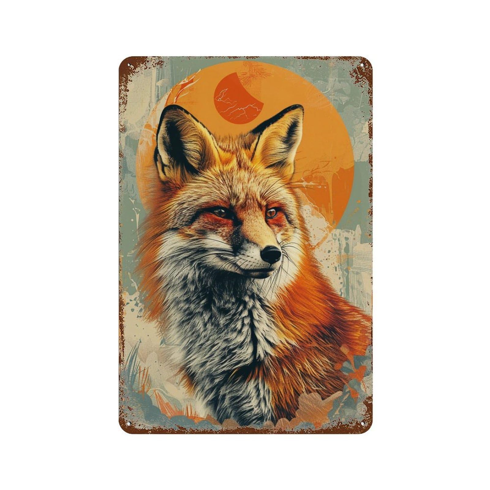 Rust Effect Fox Art Print Rustic Tin Plaque 11.8"x7.9", Industrial Home Decor for Bistro, Counter And Cafe Decor
