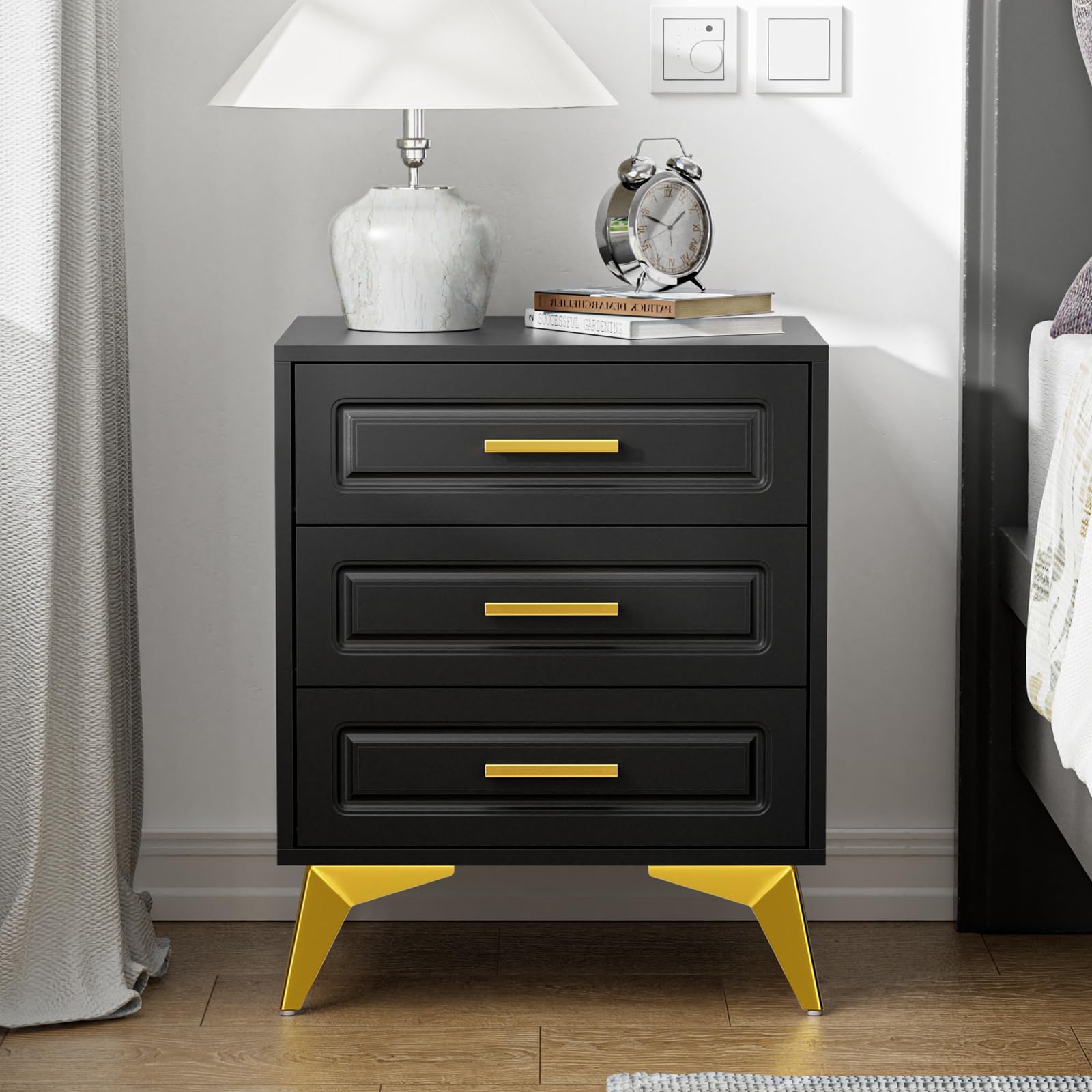 Lerliuo Black Nightstand Set Of 2 – Modern Bedside Table With Drawer, Wood Legs, 26.38” Height - View #3