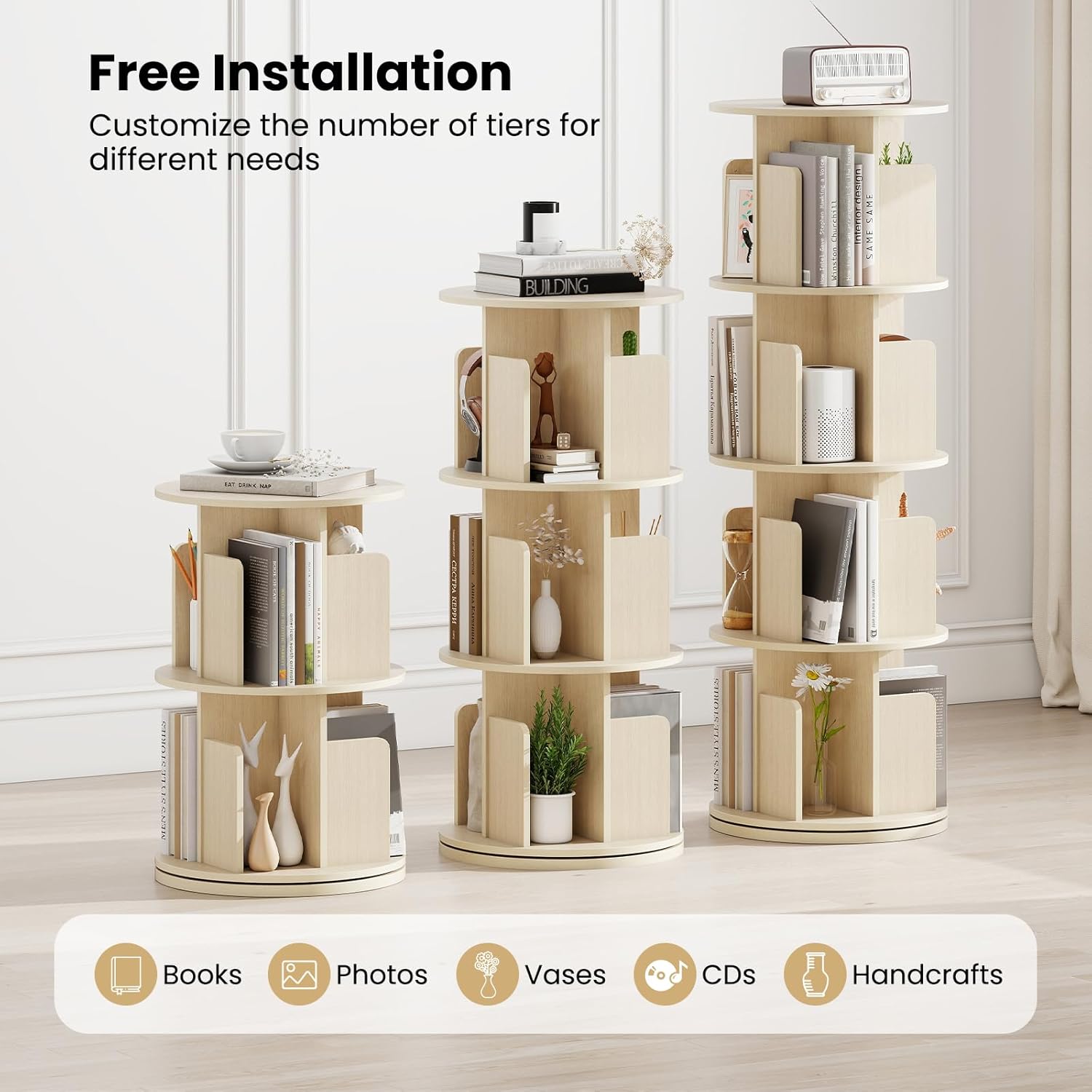 Giantex 4-Tier Rotating Bookshelf, 360° Display Rack w/Dividers & Anti-Falling Baffles, Multifunctional Narrow Floor Standing Bookcase, Book Storage Organizer for Living Room Bedroom, Natural