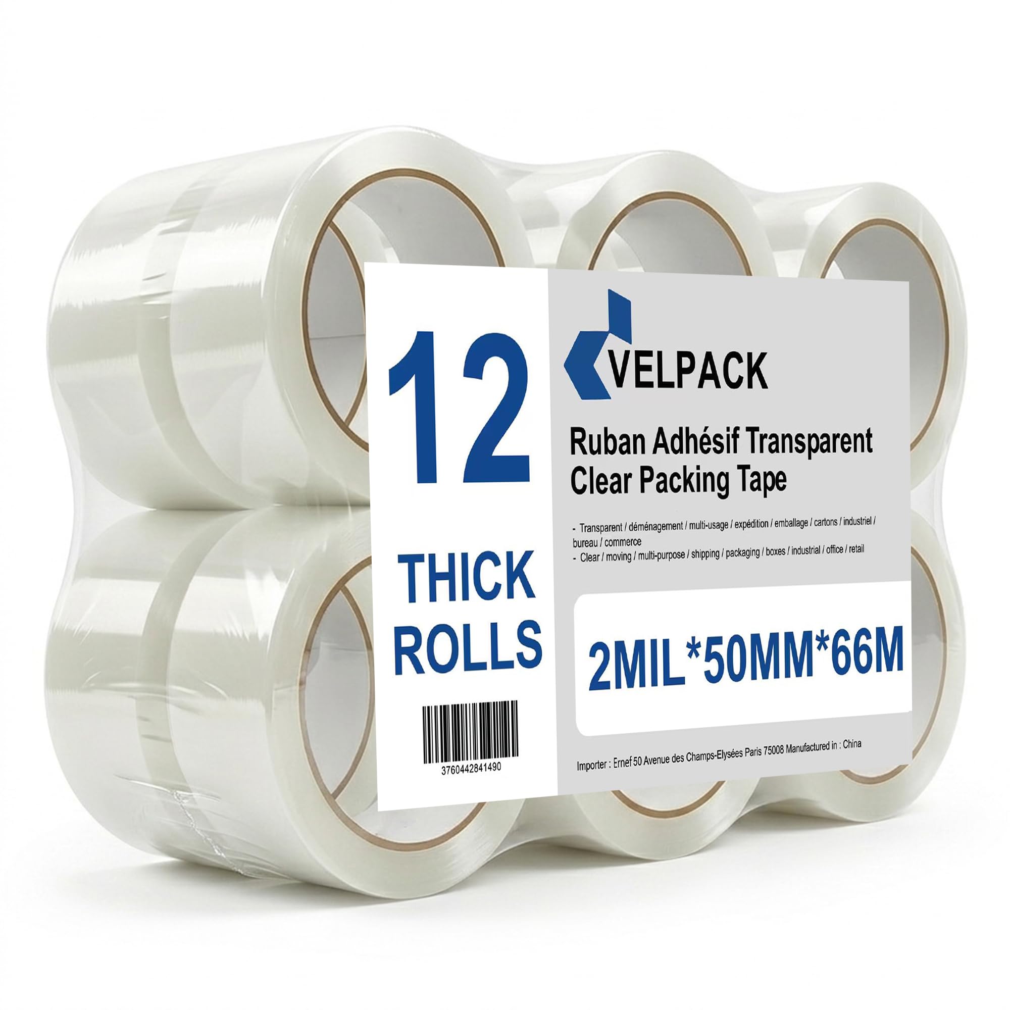 VELPACK Lot de 48 Rouleaux Ruban Adhésif Transparent Déménagement — Ruban Adhésif Emballage 50 mm x 66m Large Acrylique Silencieux pour Cartons Colis et Expédition