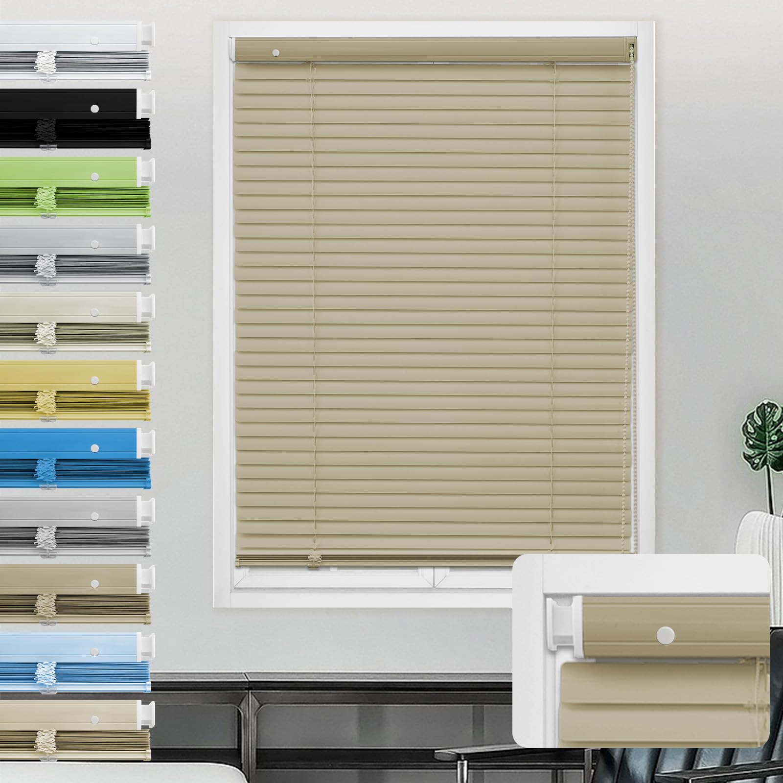 Moonice Aluminum Venetian Blinds No Drill No Tools Window Venetian Blind Color-Matched Horizontal Shade 25mm Slats Waterproof Shades for Office Home Interior Door (Camel,120cm W x 135cm H)
