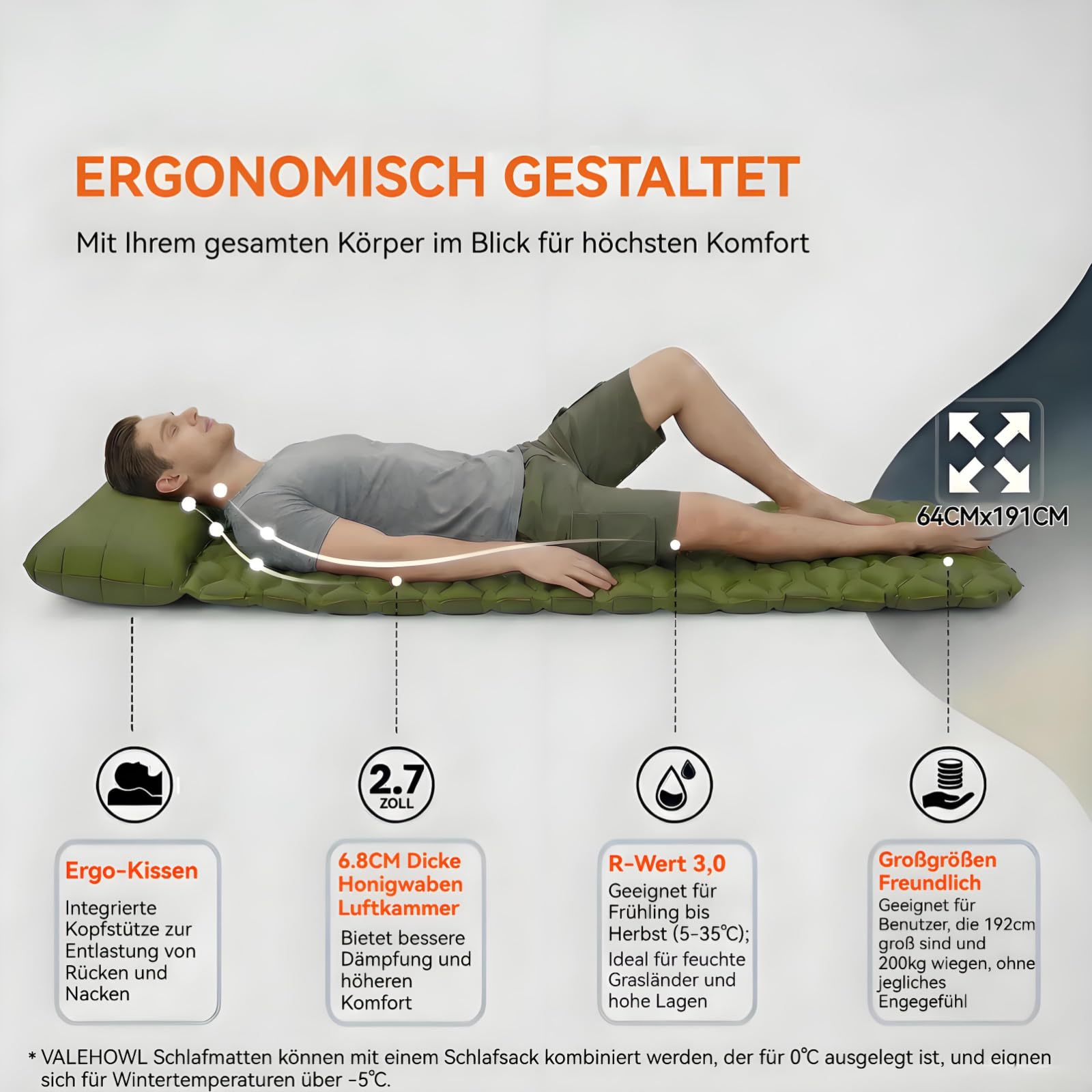 800g Ultraleichte Aufblasbare Isomatte für Camping – R-Wert 3,0 für 4 Jahreszeiten, Langlebige wasserdichte Luftmatratze für Rucksackreisen, Trekking, Outdoor