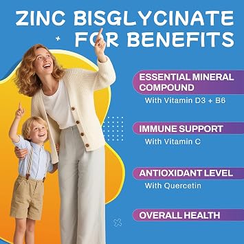 Zinc Glycinate 30 mg Gummies, Chewable Zinc Supplement for Women & Men, with Vitamin C, D3 & B6, Quercetin, Immune System Support, Skin Health & Antioxidant, Natural Fruit Flavor, 60 Ct