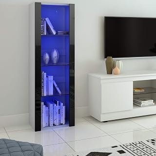 Panana High Gloss Tall Display Cabinet Wood Cupboard Sideboard Free Standing Storage Unit with Glass Shelves RGB LED Lights Living Room White and Black